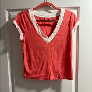 Pilcro Coral and White Color-block V-Neck Tee